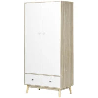 Armadio 2 Ante in Legno con 4 Vani, 2 Cassetti e Appendiabiti, Color Legno e Bianco, 90x50x190cm