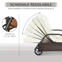 Lettino Prendisole da Giardino con Ruote, Sedia a Sdraio per Spiaggia con Altezza Regolabile in Rattan, Marrone e Crema, 200x73x103cm