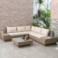 Set da Giardino 4 Pezzi in Rattan, Divano Angolare con Cuscini e Tavolini, Nero e Marrone chiaro