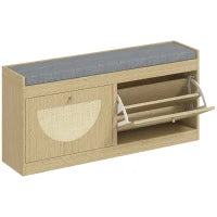 Panca Portascarpe con Sedile Imbottito, Ante Frontali in Rattan e Ripiano Regolabile, per 8 Paia di Scarpe, Legno Naturale