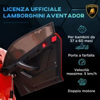 Macchina Elettrica per Bambini a 12V Licenza Lamborghini con Clacson e Telecomando, 107.5x63x42 cm, Rossa