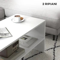 Tavolino da Caffè Moderno in Legno a 2 Livelli con Ripiano Aperto, 100x40x41.5 cm, Bianco