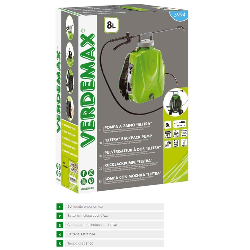 Pompa a zaino elettrica 8 litri futura verdemax giardinaggio agricoltura