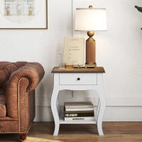 Comodino con Cassetto e Ripiano Aperto in Stile Francese in Legno, 45x35x55 cm, Bianco e Rovere