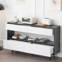 Credenza moderna effetto marmo nero con ripiani aperti, 4 cassetti e illuminazione LED, 150x35x89,5 cm, Bianco e Nero