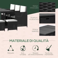 Set 11 PZ Mobili da Giardino in Rattan da Esterno con Tavolo in Vetro Temperato e Cuscini, Set da Pranzo, Nero