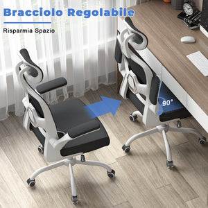 Sedia Ufficio con Supporto Lombare - RATTANTREE  - Poggiatesta Braccioli Regolabili e Schienale Reclinabile - Bianco
