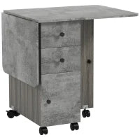 Tavolo Pieghevole con 2 Cassetti e Armadietto, 6 Rotelle e Freni, 120x60x76.5 cm, Grigio Legno e Roccia