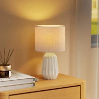Lampada da Tavolo con Base in Ceramica e Paralume in Lino Stile Retrò 40W Bianco e Beige