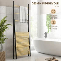 Portasciugamani Pieghevole con 3 Barre e 3 Ripiani, in Bambù e Acciaio, 53x31x153 cm, Nero e color Legno