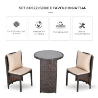 Set Tavolino Sedie da Esterno e Giardino in Rattan Marrone e Beige
