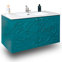 Mobile moderno sospeso Luxury verde smeraldo - 100 cm, Specchiera led sasso