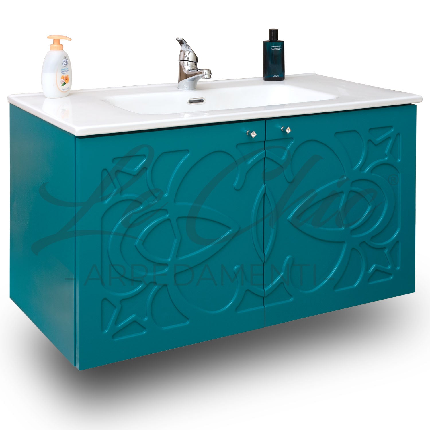 Mobile moderno sospeso Luxury verde smeraldo - 120 cm, Specchiera con applicco