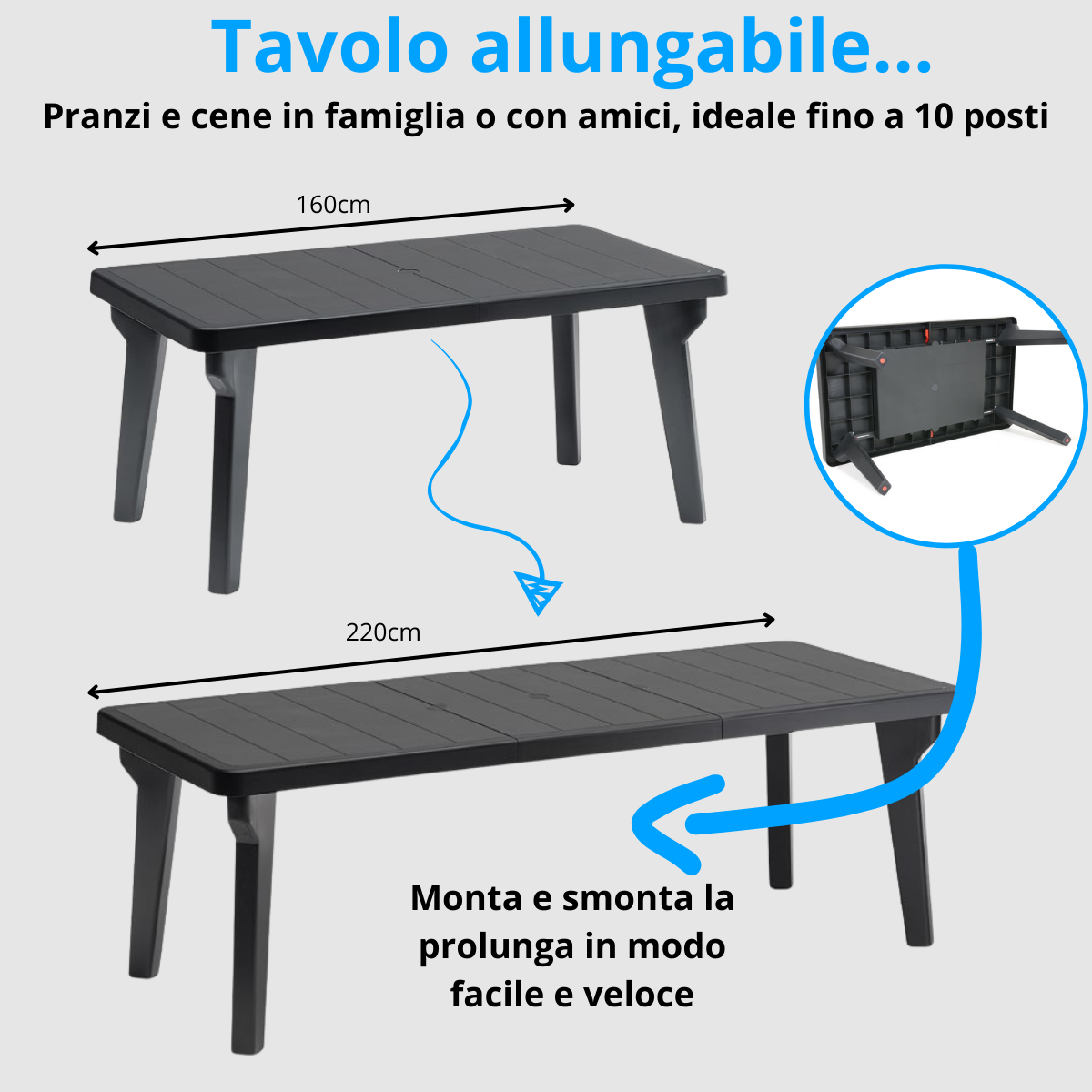 Tavolo da giardino allungabile in plastica Bergen 160-220x90x74 cm - Antracite