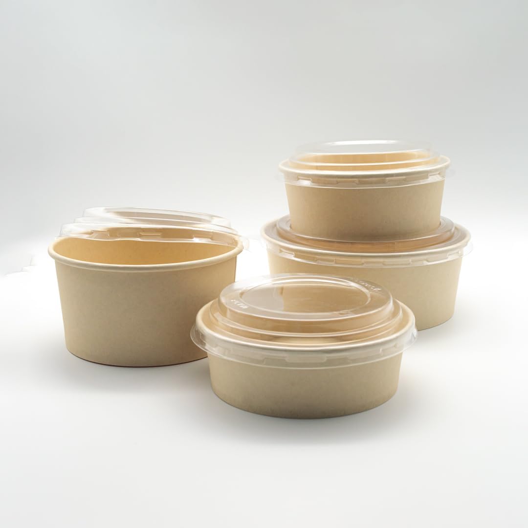 4 Ciotole 750ml Bio Per Cibo Caldo e Freddo In Cartone Con Coperchio Rotondo