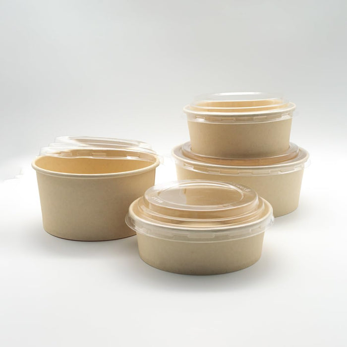 4 Ciotole 750ml Bio Per Cibo Caldo e Freddo In Cartone Con Coperchio Rotondo