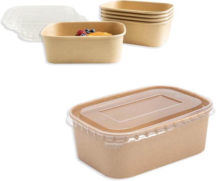 4 Ciotole 750ml Bio Per Cibo Caldo e Freddo In Cartone Con Coperchio Quadrato