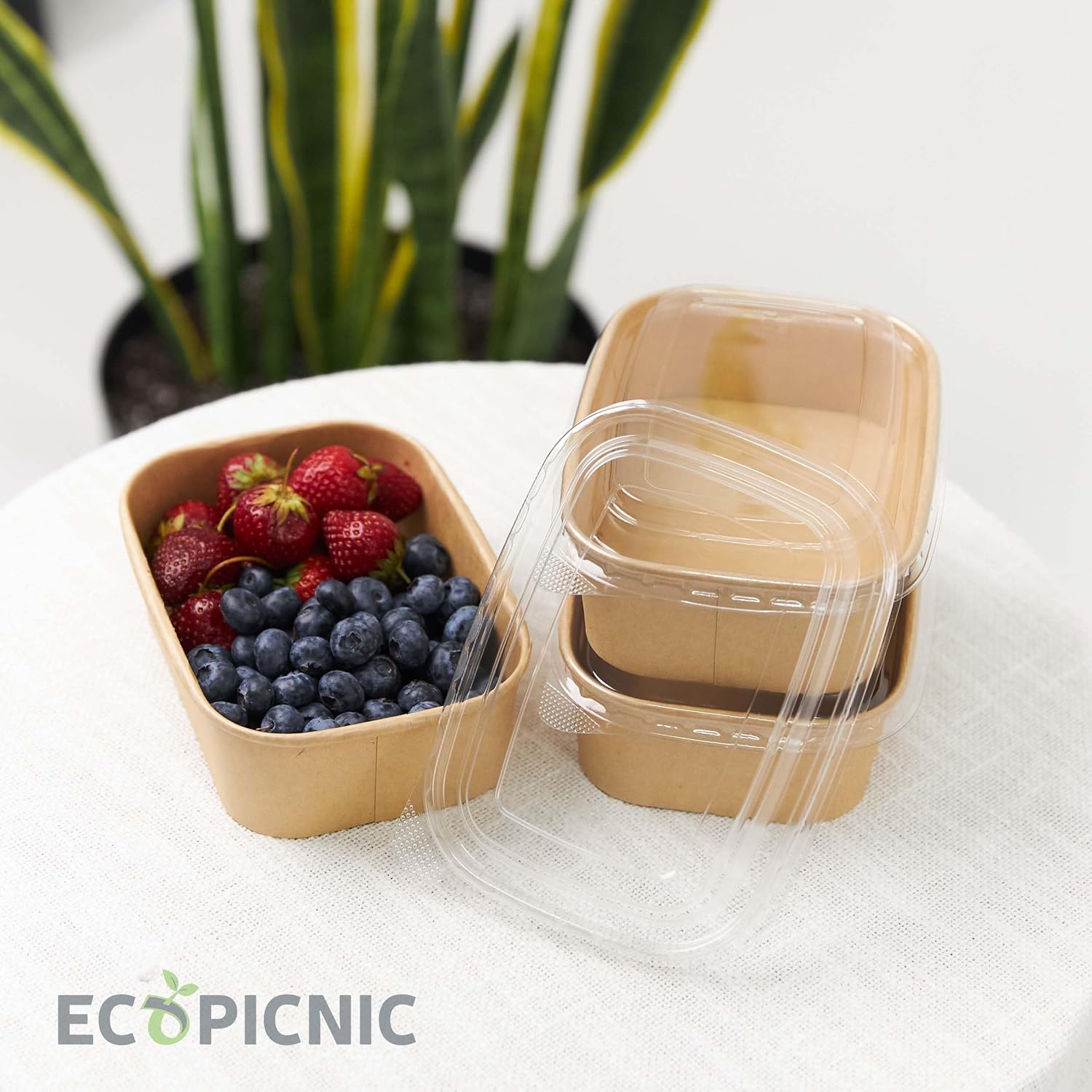 4 Ciotole 750ml Bio Per Cibo Caldo e Freddo In Cartone Con Coperchio Quadrato