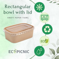 4 Ciotole 750ml Bio Per Cibo Caldo e Freddo In Cartone Con Coperchio Quadrato