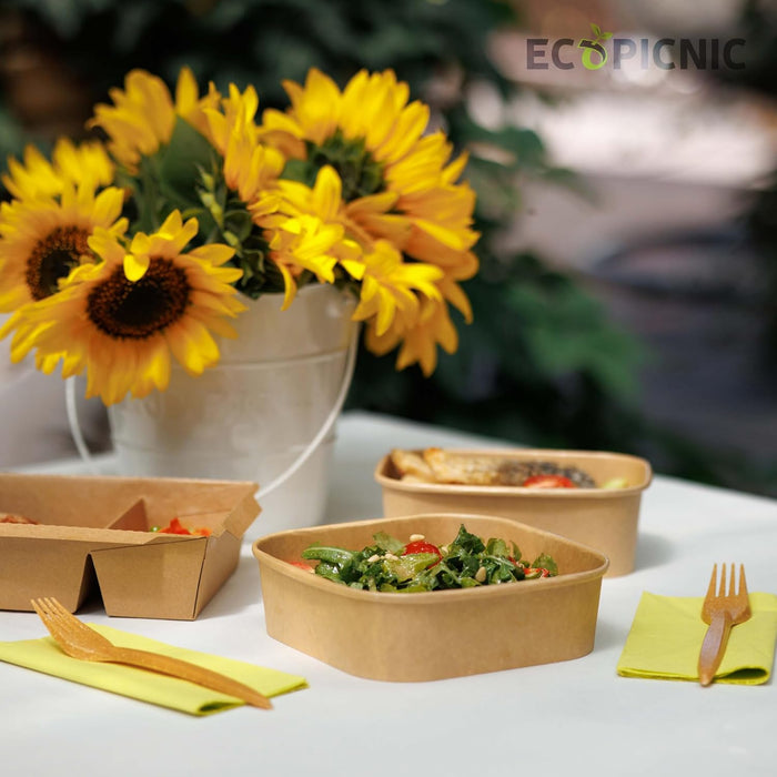 4 Ciotole 750ml Bio Per Cibo Caldo e Freddo In Cartone Con Coperchio Quadrato
