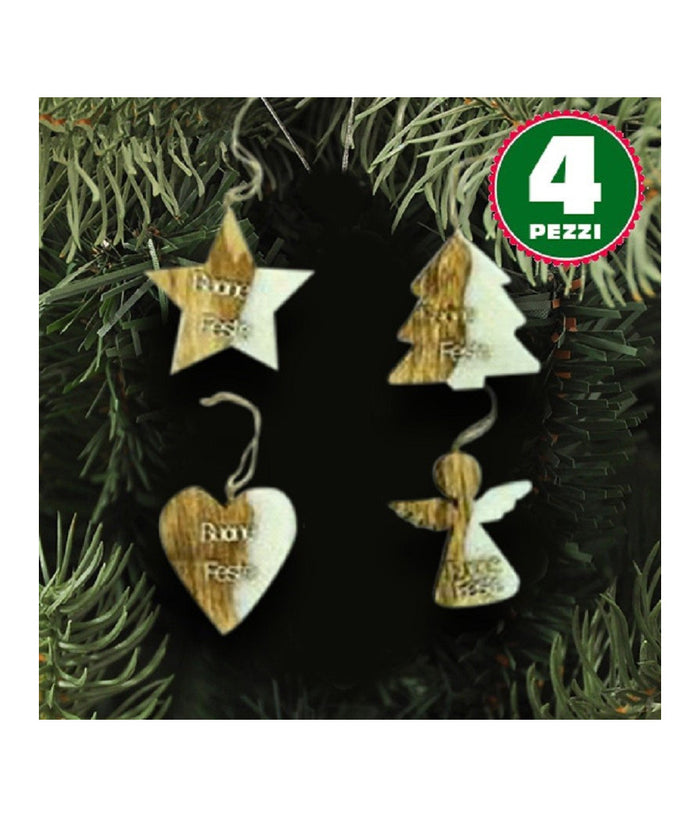 4 Appendini Natale Legno Ovatta Forma Stella Albero Angelo Cuore Con Scritta Buone Feste         