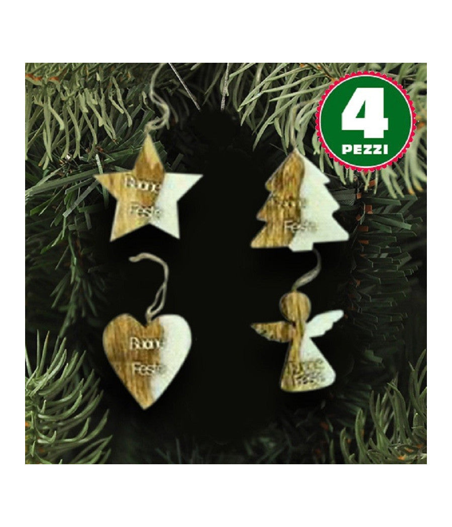4 Appendini Natale Legno Ovatta Forma Stella Albero Angelo Cuore Con Scritta Buone Feste         