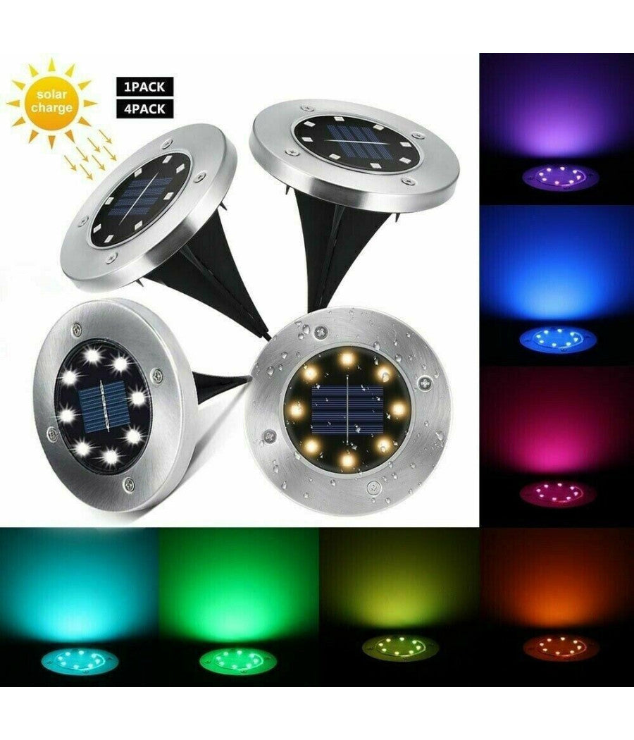 Trade Shop - 4 Faro Lampada 8 Led Rgb Solare Da Esterno Giardino Faretto Picchetto Segnapassi -