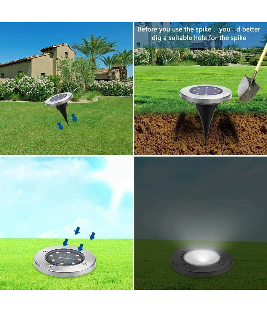 4 Faro Lampada Led Solare Da Esterno Giardino Faretto 8 Led Picchetto Segnapassi         