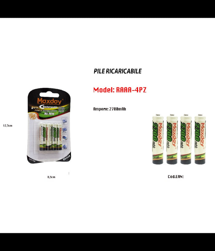 4 Pile Aaa Batterie Ricaricabili Mini Stilo 2700 Mah Ministilo Universali Pila         