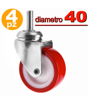 4 Ruote In Gomma Ricambio Per Carrello Mobili Con Perno Girevole Rosso 40mm 4cm         