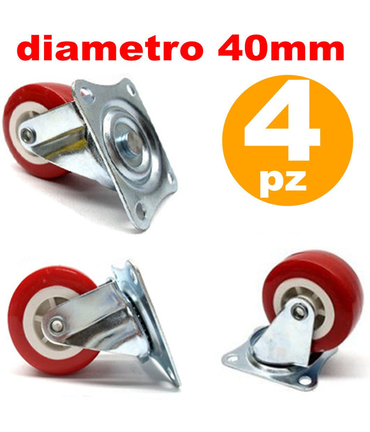 4 Ruote In Gomma Ricambio Per Carrello Mobili Con Piastra Girevole Rosso 40mm         