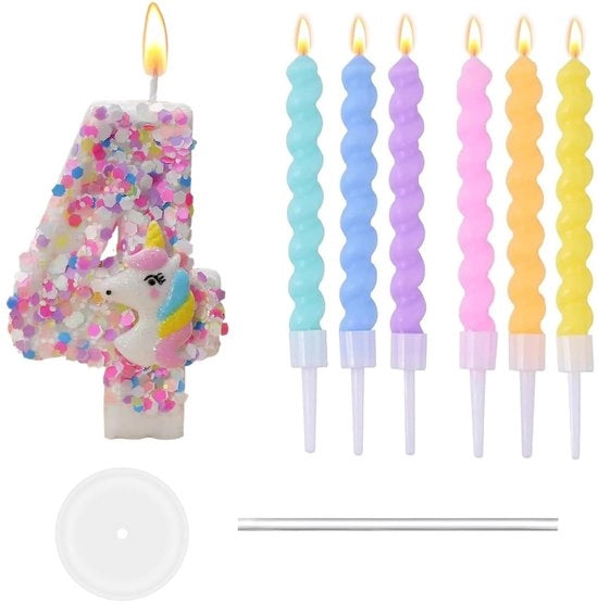 Candele per compleanni con numero 4 e candele a spirale arcobaleno