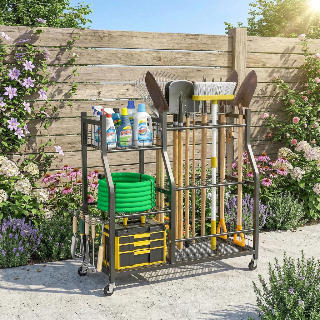 Organizzatore Attrezzi da Giardino 3 Livelli ¨C zephmum ¨C Nero 104x40x95cm