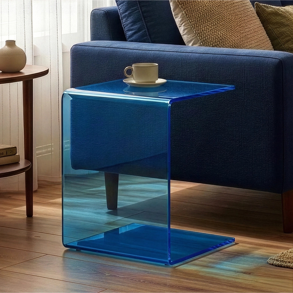 Tavolino Laterale Trölmapilu a Forma di C in Vetro 60 x 40 x 40 cm - Blu [en.casa]