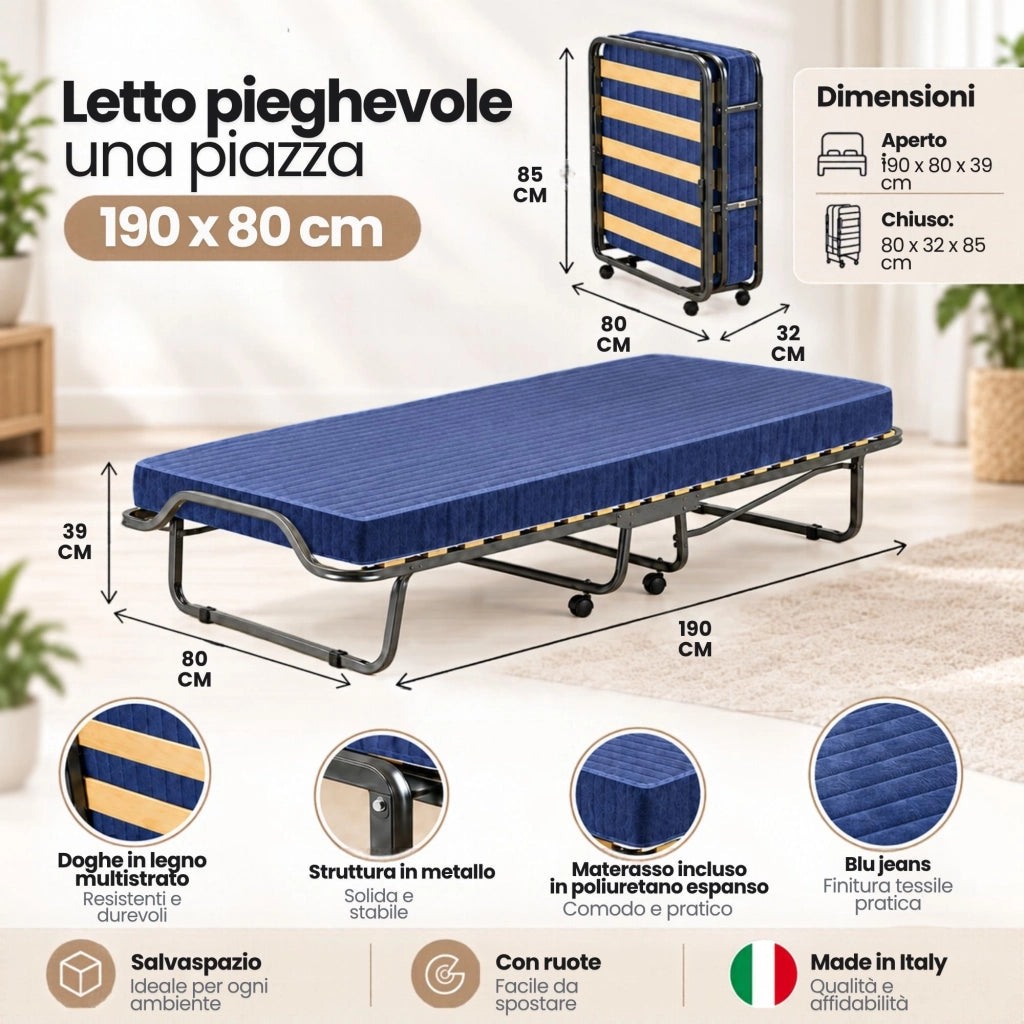 Letto pieghevole Nemesi, Brandina singola ortepedico e pieghevole, 100% Made in Italy, con materasso da 80x190 cm incluso