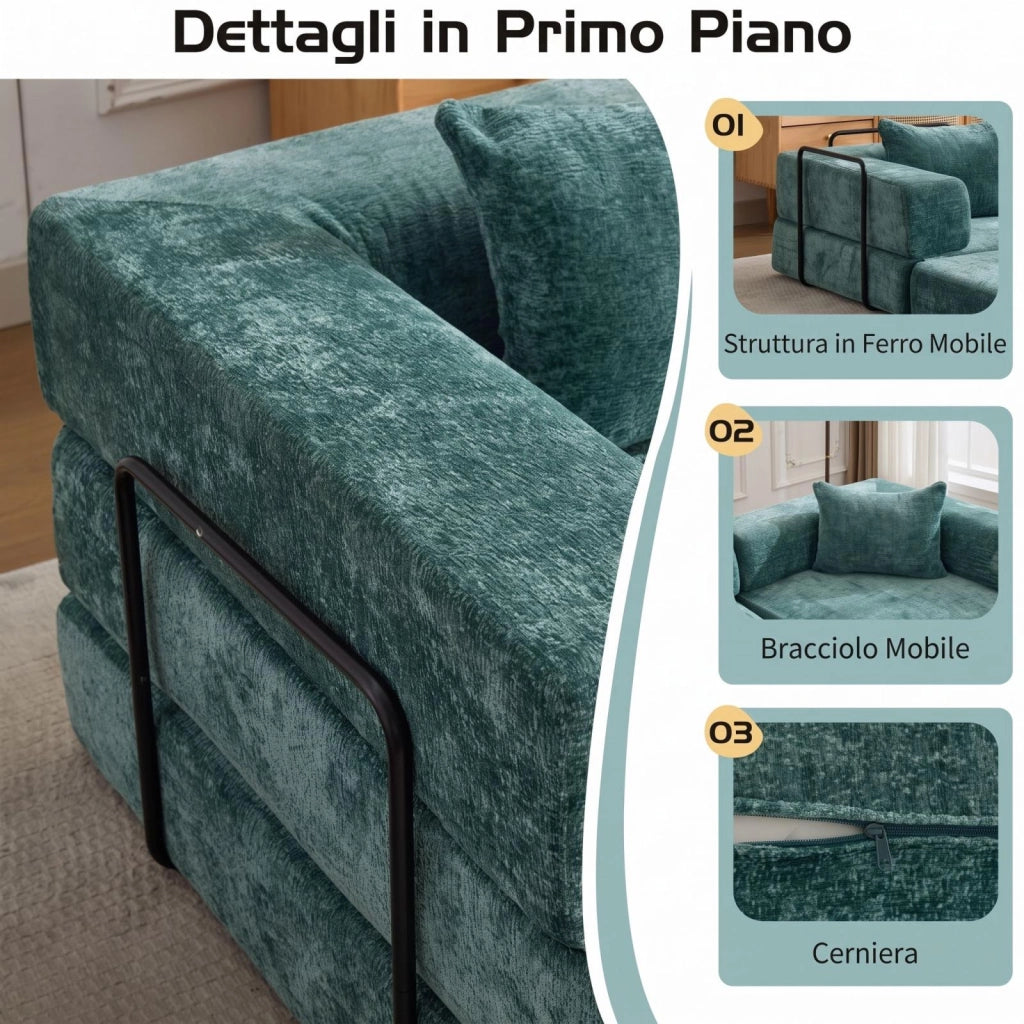 Divano compatto, divano letto pieghevole, moduli senza struttura, tessuto chenille, tre posti, verde scuro