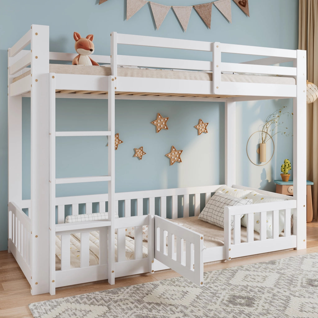 LETTO A CASTELLO 90x200 cm Bianco in legno massello con scala dritta e porta