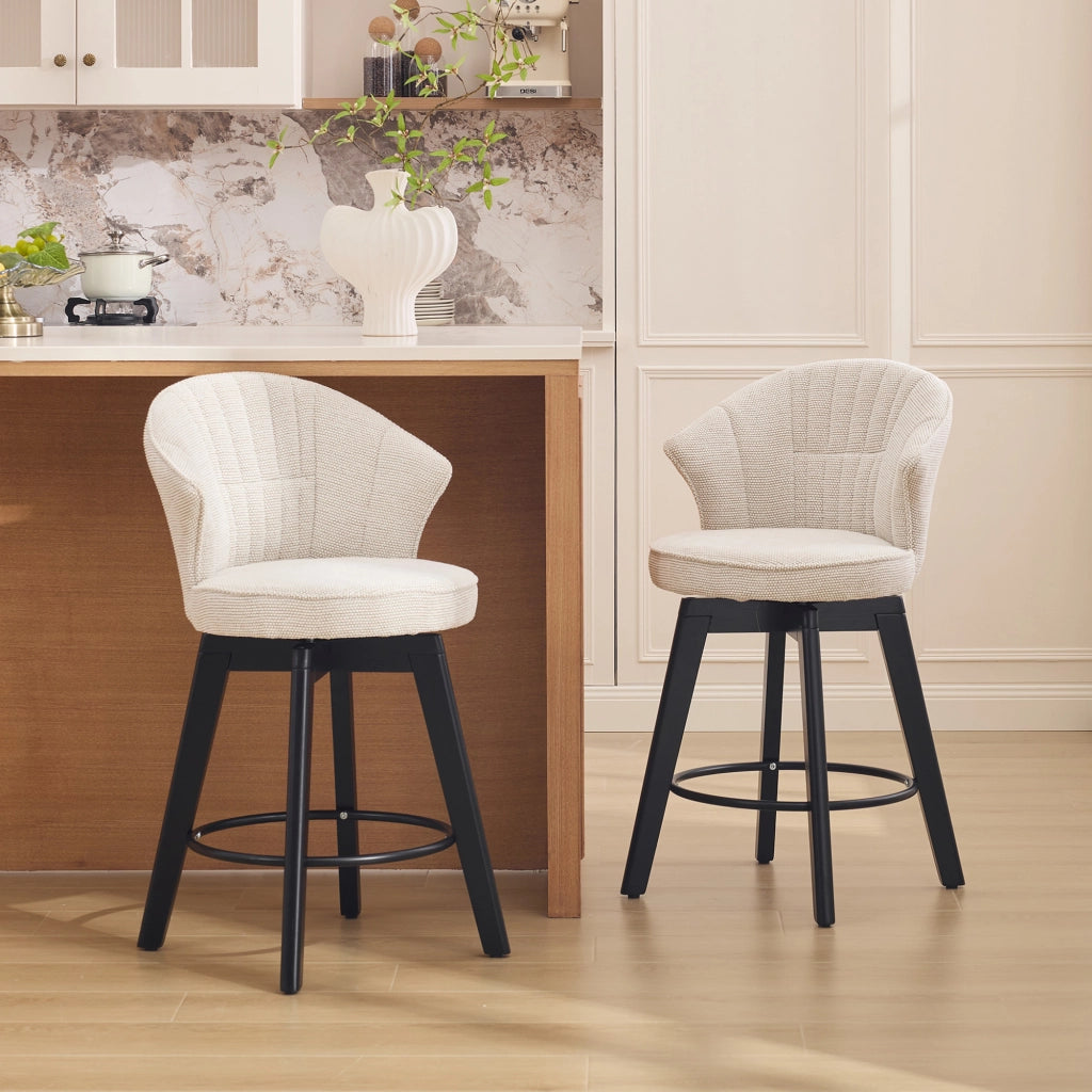 Sgabello da bar girevole moderno in chenille con schienale e poggiapiedi, beige