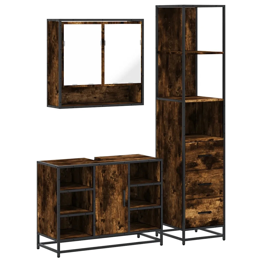 Set Mobili da Bagno 3 pz Rovere Fumo in Legno Multistrato