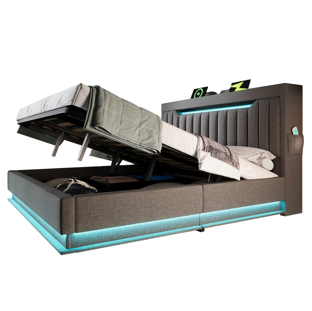 Letto matrimoniale con contenitore 140x190 cm in lino grigio; testiera con LED; USB e Type-C