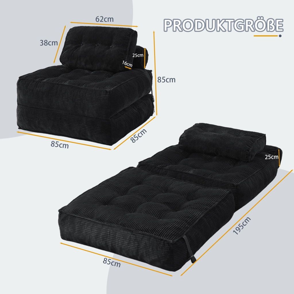 Poltrona letto pieghevole in schiuma con schienale regolabile e funzione salvaspazio per salotto nera 52 × 50 × 30 cm