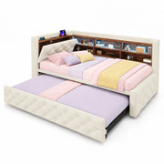 Letto a Divanetto 90x190 cm - Estraibile; LED; USB e Type-C - in Velluto - Beige