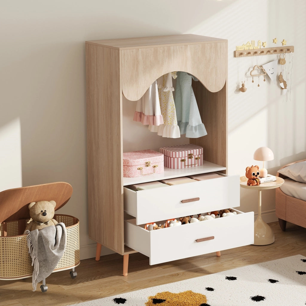 ARMADIO APERTO con asta appendiabiti e 2 cassetti 80x46x141,5 cm Bianco/Naturale