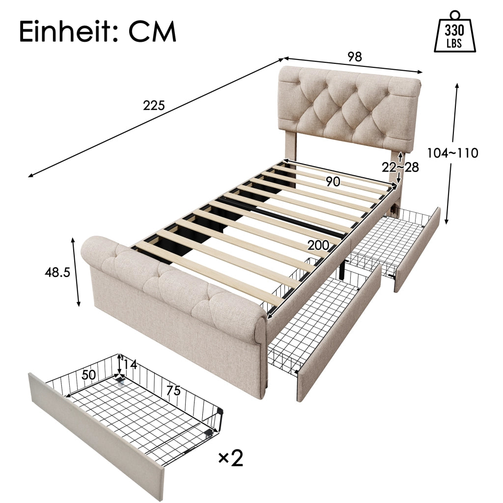 Letto singolo imbottito 90x200 cm con 2 cassetti e materasso