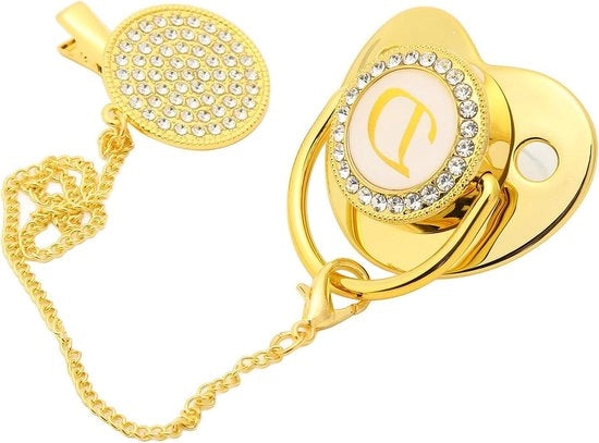 Fopspeen Personalizzabile con 26 Lettere in Oro - Materiale Sicuro - Fopspeen con Accessori per Neonati - Accessori per Neonati - Clips - Età 6-18 Mesi