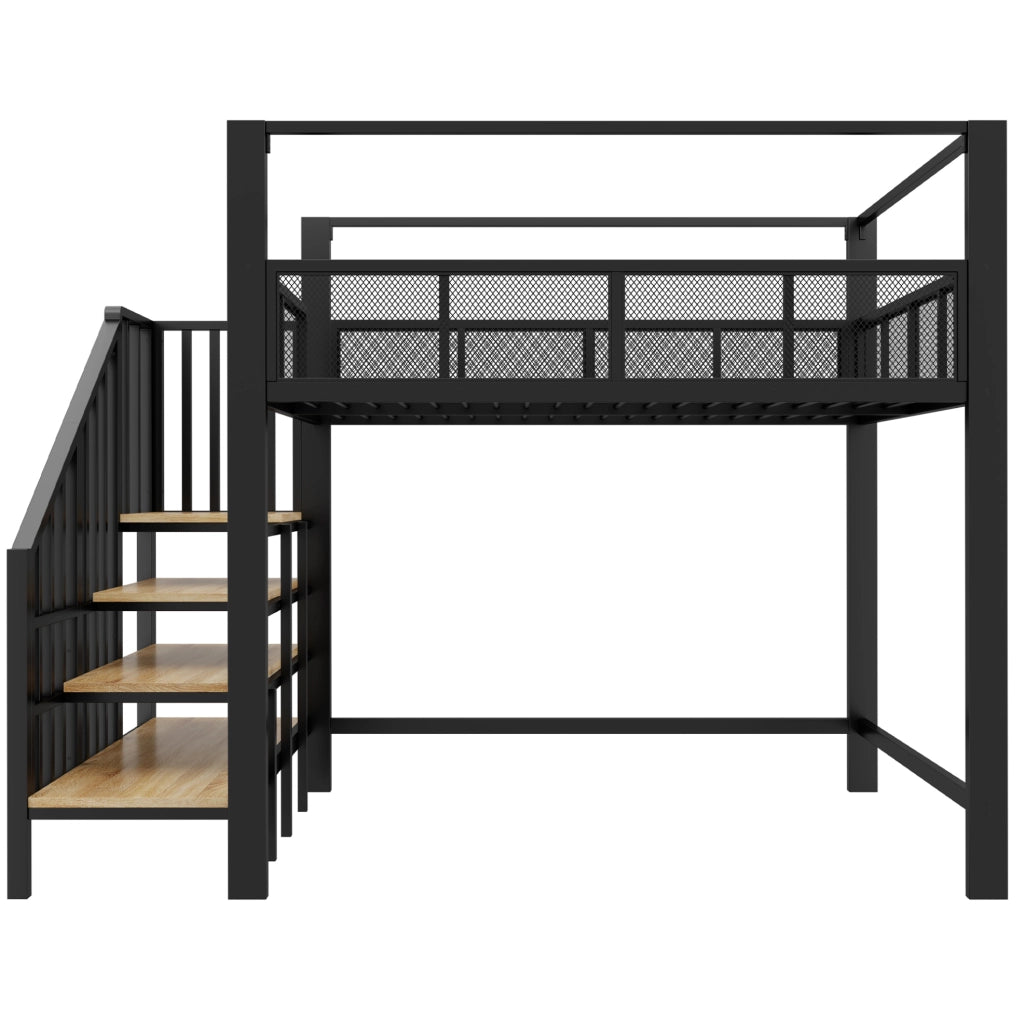 Letto a soppalco 140x200 cm con scala e baldacchino in metallo nero