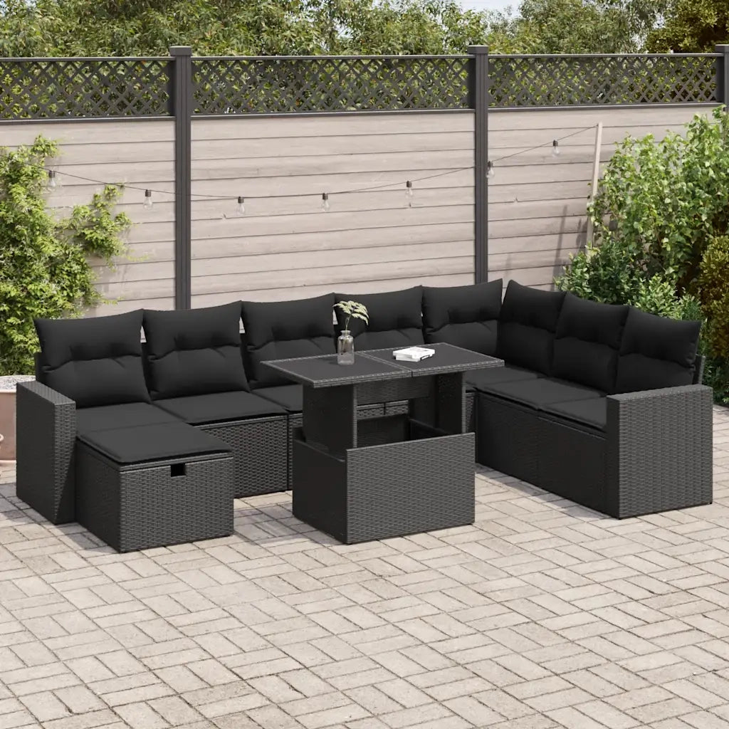 vidaXL Set Divani da Giardino 9 pz con Cuscini Nero in Polyrattan
