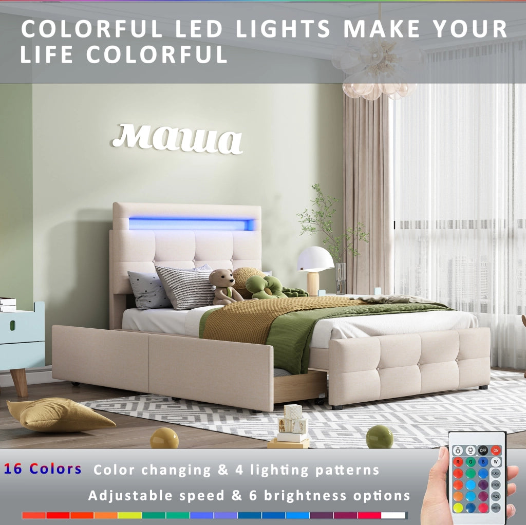 Letto singolo imbottito beige con LED e 2 cassetti