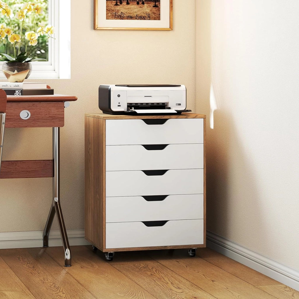 Cassetto da scrivania mobile con 5 cassetti da ufficio, mobile da ufficio, organizer con ruote, supporto per stampante per cartelle, documenti, documenti, carta, 48 x 39,5 x 69,5 cm (Naturale)