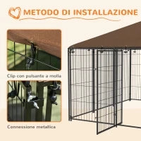 Recinto per Cani in Metallo e Tessuto Oxford con Porticina per Ciotole, 211x211x151 cm, Nero e Marrone